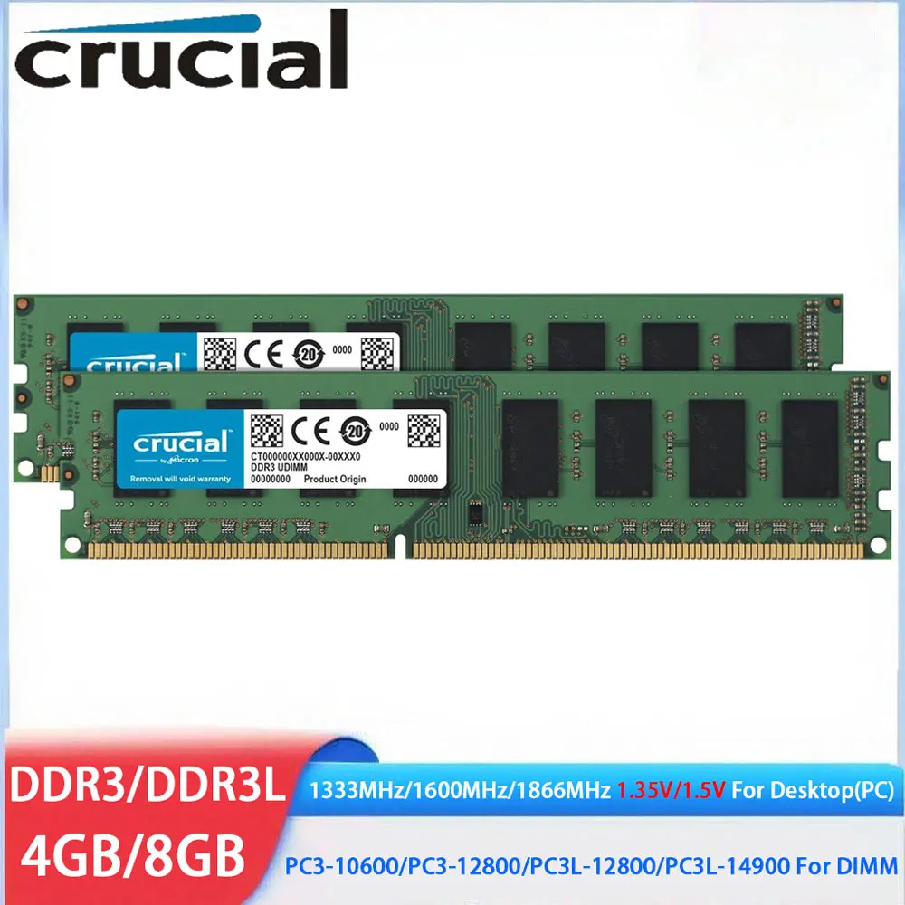 Memória crucial ram ddr3 ddr3l 4gb 8gb 16gb 1333 1600 1866mhz memória de desktop 1.5v 1.35v PC3L-12800 14900 não-ecc udimm pc rams