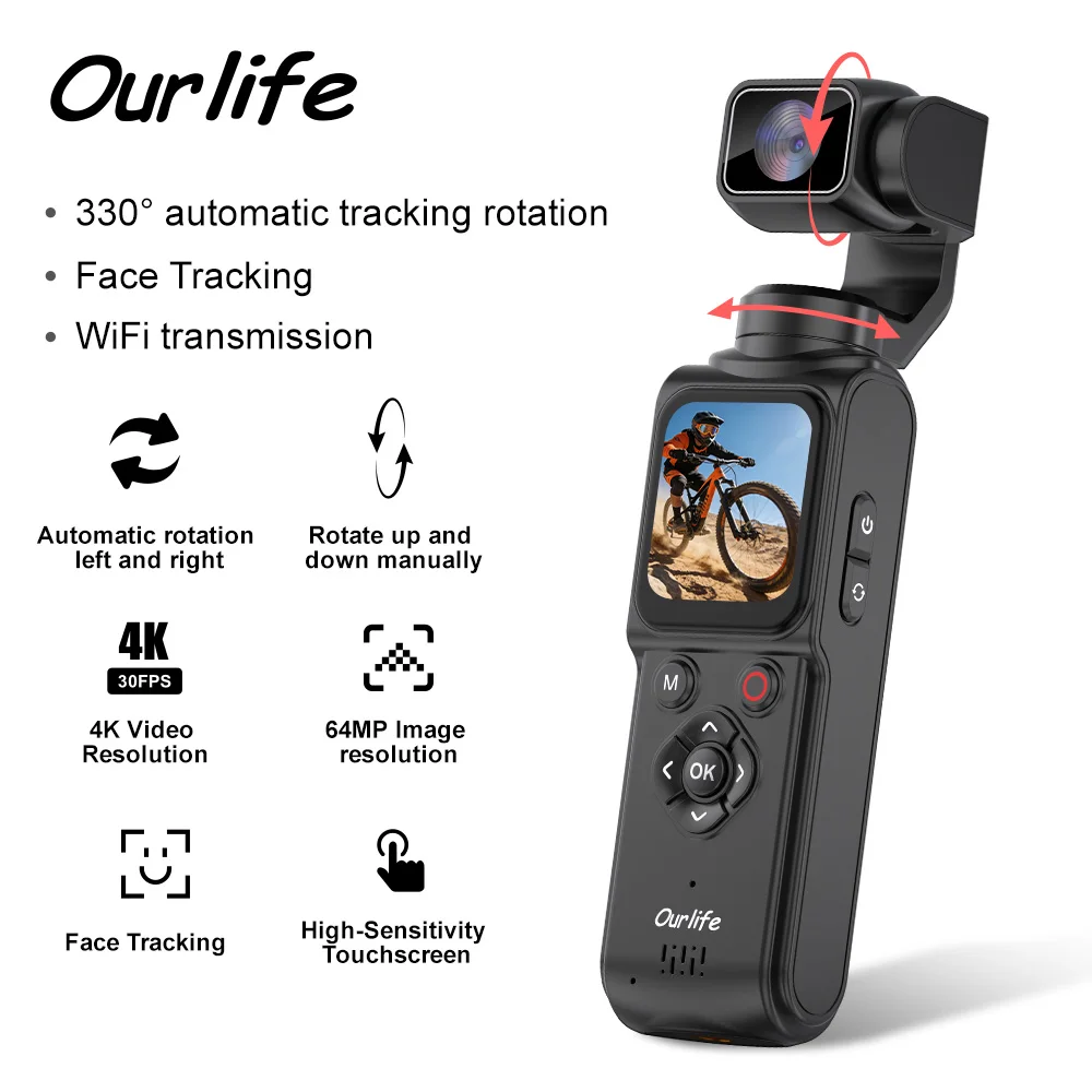 Câmera de Ação Ourlife 4K 330 ° Estabilizador de Gimbal com Rastreamento Facial, Câmera Digital de Bolso de 64MP com Tela Sensível ao Toque de 1,72 Polegadas, Câmera Esportiva WiFi