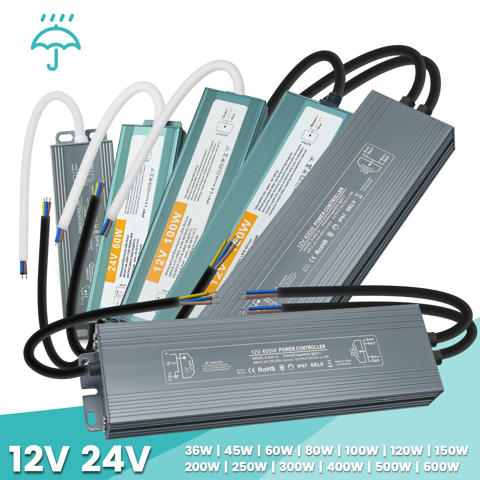 Transformadores de iluminação para uso externo, à prova d'água ip67, ac 110-250v para dc 12v 24v 60w 100w 150w 200w 300w 600w, fonte de alimentação de driver de led
