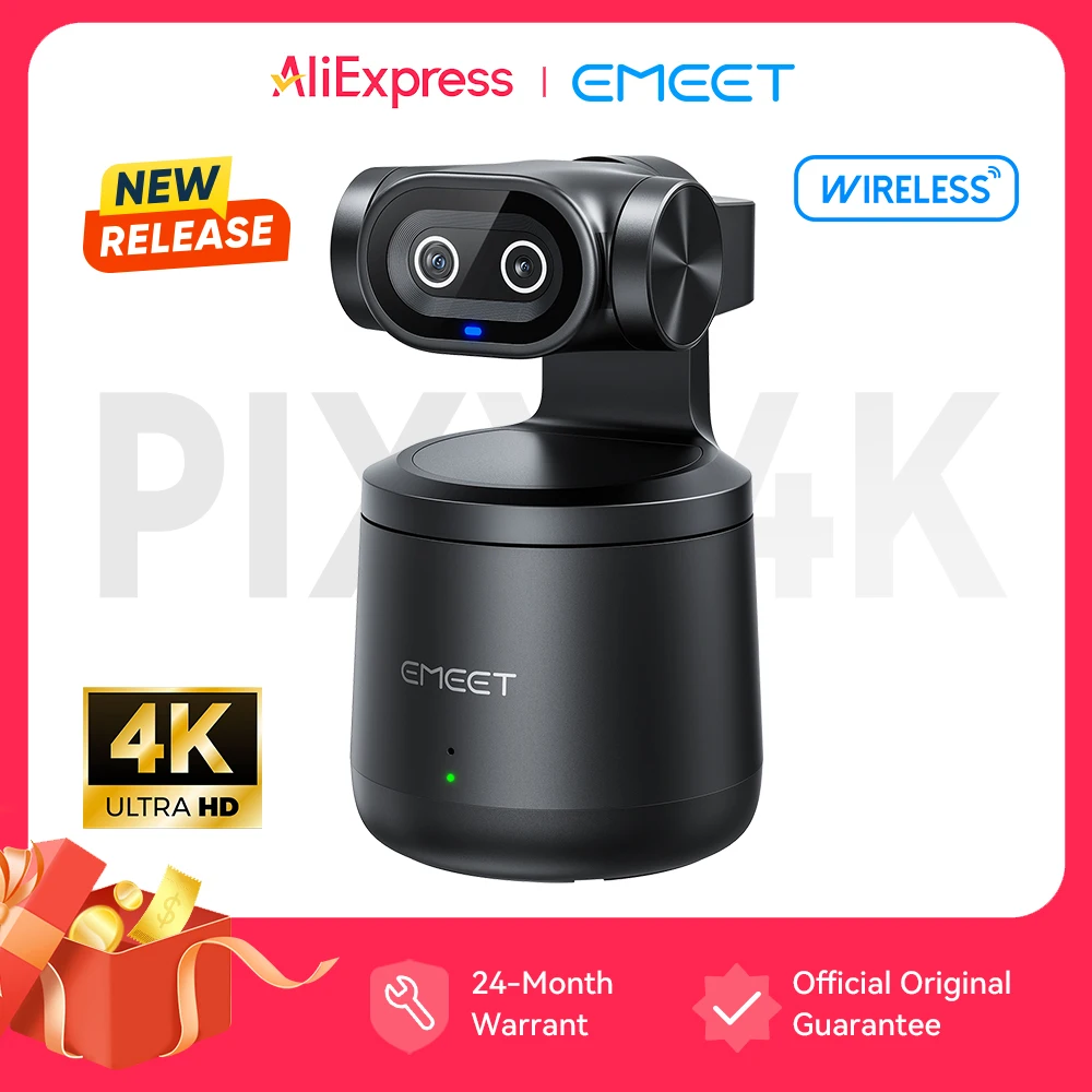Webcam sem fio EMEET PIXY 4K com lente dupla, rastreamento PTZ por IA, sensor de 1/2,55", controle por gestos, transmissão ao vivo com múltiplas câmeras, microfone embutido de 48kHz, HDR e ideal para YouTube, Facebook Webcam sem fio EMEET PIXY 4K com lente dupla, rastreamento PTZ por IA, sensor de 1/2,55", controle por gestos, transmissão ao vivo com múltiplas câmeras, microfone embutido de 48kHz, HDR e ideal para YouTube, Facebook