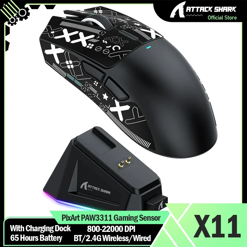Mouse para jogos sem fio ATTACK SHARK X11 com doca de carregamento PixArt PAW3311 Sensor para jogos, BT/2.4G sem fio/com fio Mouse para jogos sem fio ATTACK SHARK X11 com doca de carregamento PixArt PAW3311 Sensor para jogos, BT/2.4G sem fio/com fio