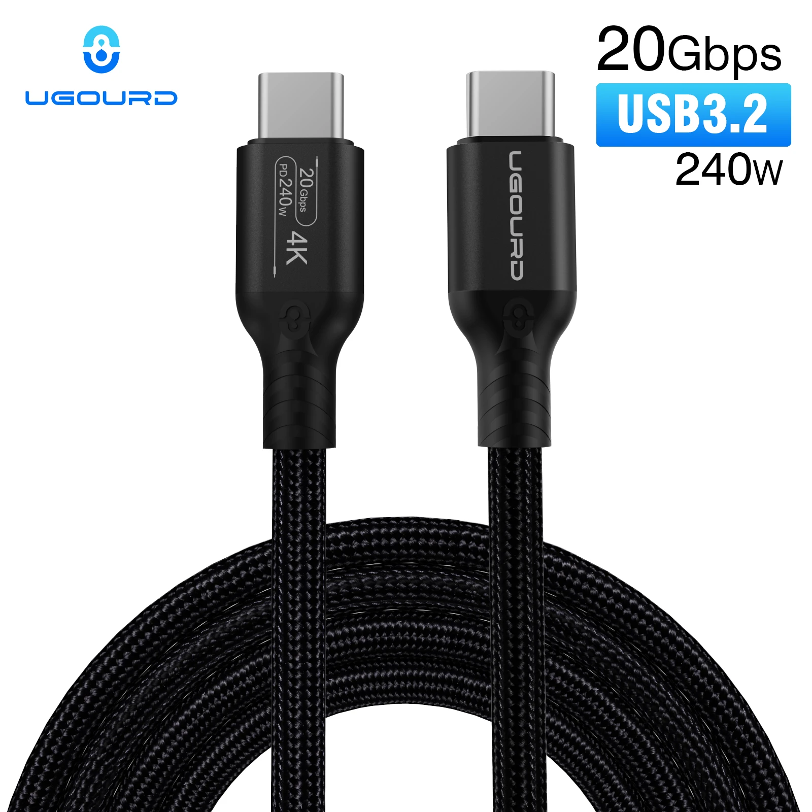Cabo USB3.2 20Gbps Tipo C para Tipo C UGOURD, Cabo de Carregamento Rápido de 240W, Cabo para SSD USB C, Comprimentos de 0.2m a 5m para MacBook e iPad