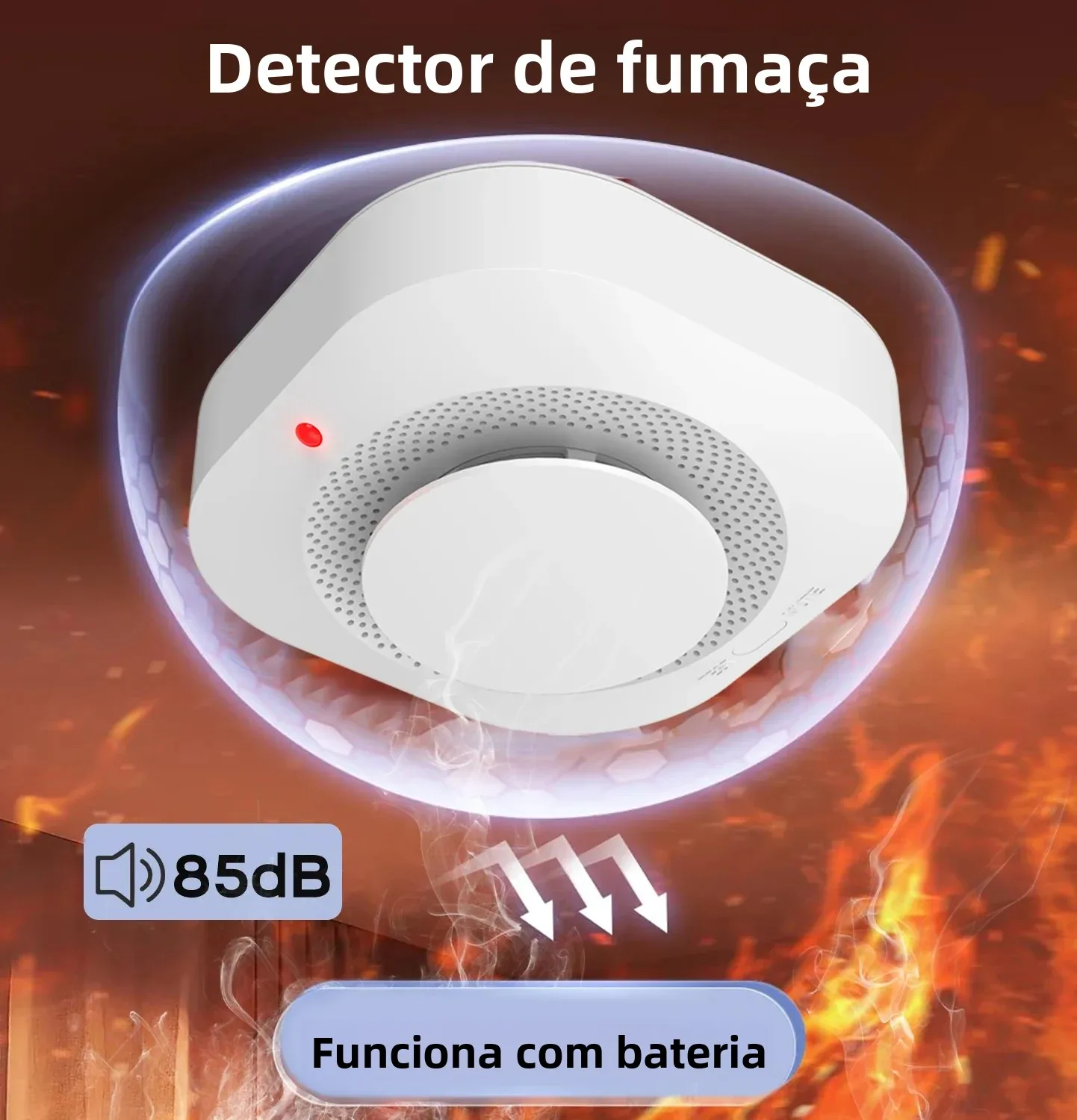 Sensor de Fumaça Inteligente Independente com Alarme Sonoro e Luminoso para Casa, Cozinha, Escritório e Sistema de Segurança em Armazéns