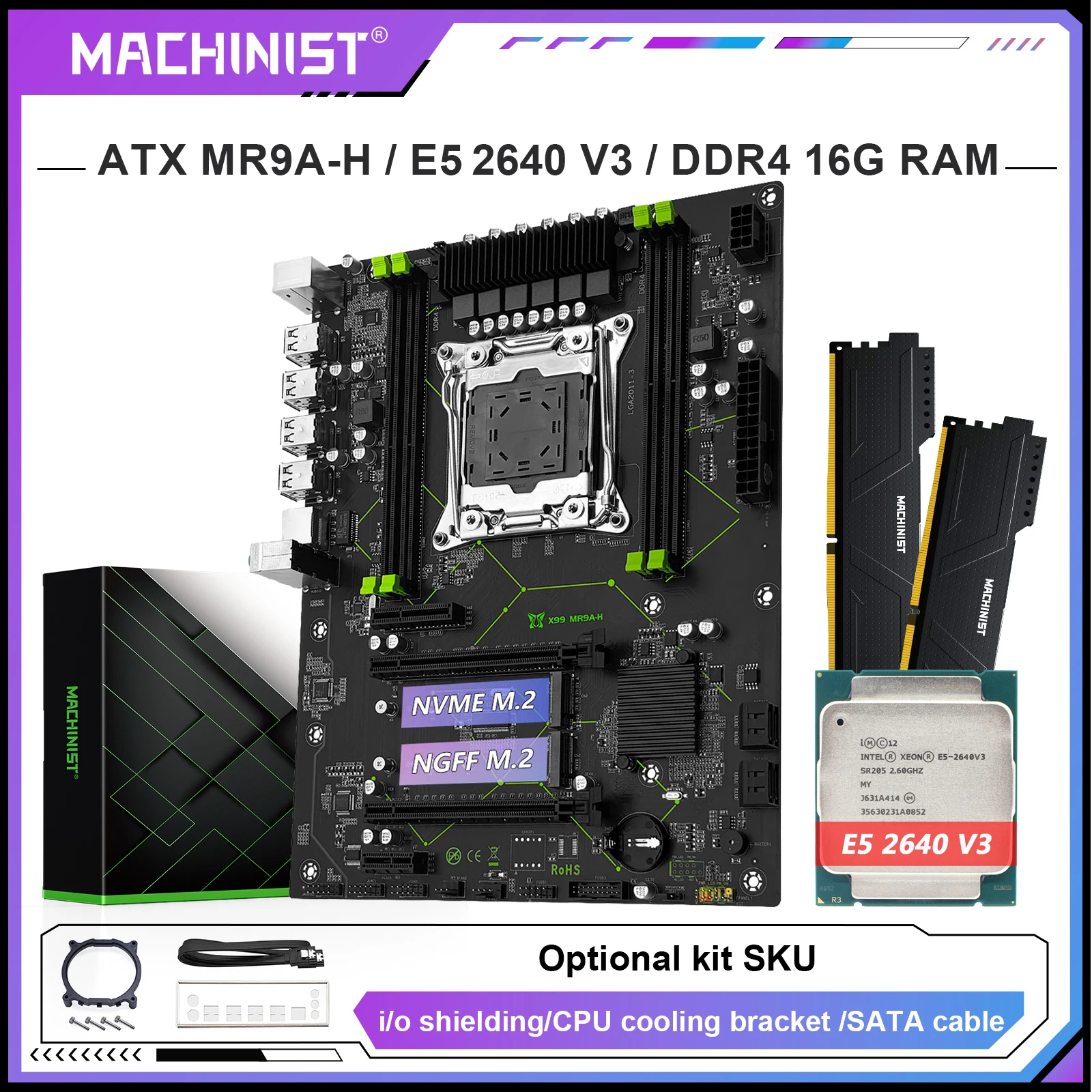 Placa-mãe MACHINIST X99, Kit Opcional, CPU Xeon E5 2640 V3 LGA 2011-3 e Kit de Memória RAM DDR4 16GB Dual-channel NVME M.2 MR9A-H
