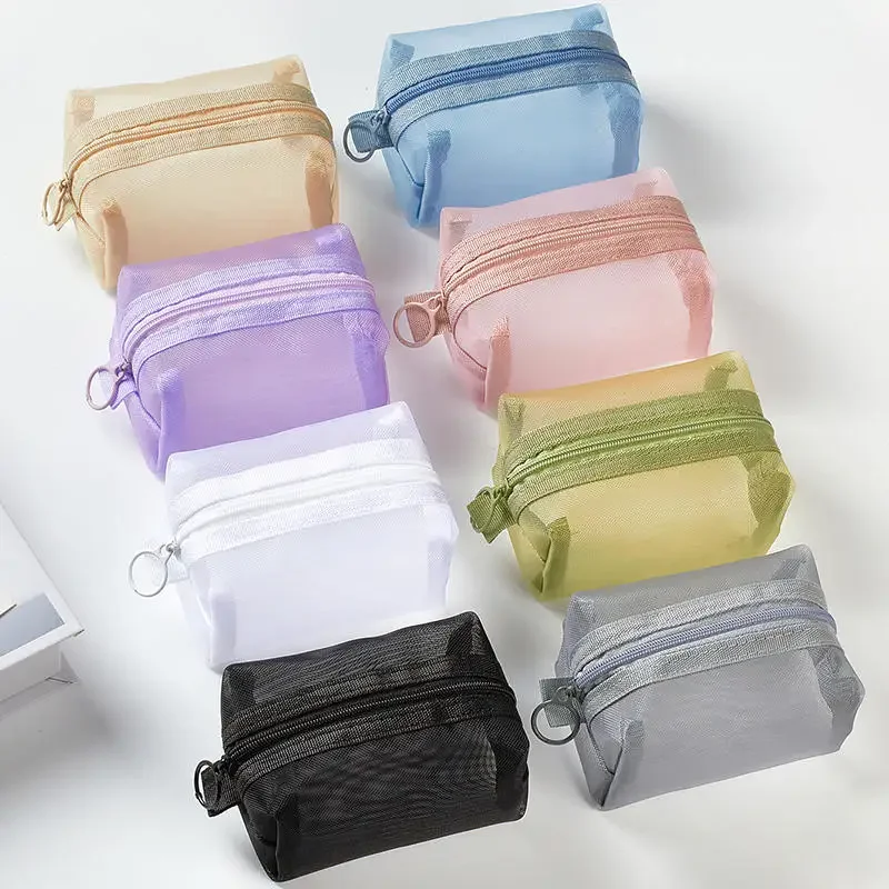 Mini bolsas de cosméticos de malha de nylon transparente, bolsas de maquiagem pequenas e fofas para batom, estojo organizador de cabos de dados, chaves e fones de ouvido Mini bolsas de cosméticos de malha de nylon transparente, bolsas de maquiagem pequenas e fofas para batom, estojo organizador de cabos de dados, chaves e fones de ouvido