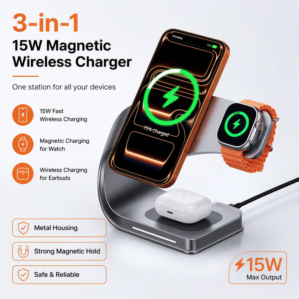 Suporte Carregador Sem Fio Magnético de Metal 15W com Carregamento Rápido para Celulares iPhone 12-17, Airpods e Apple Watch 4 em 1