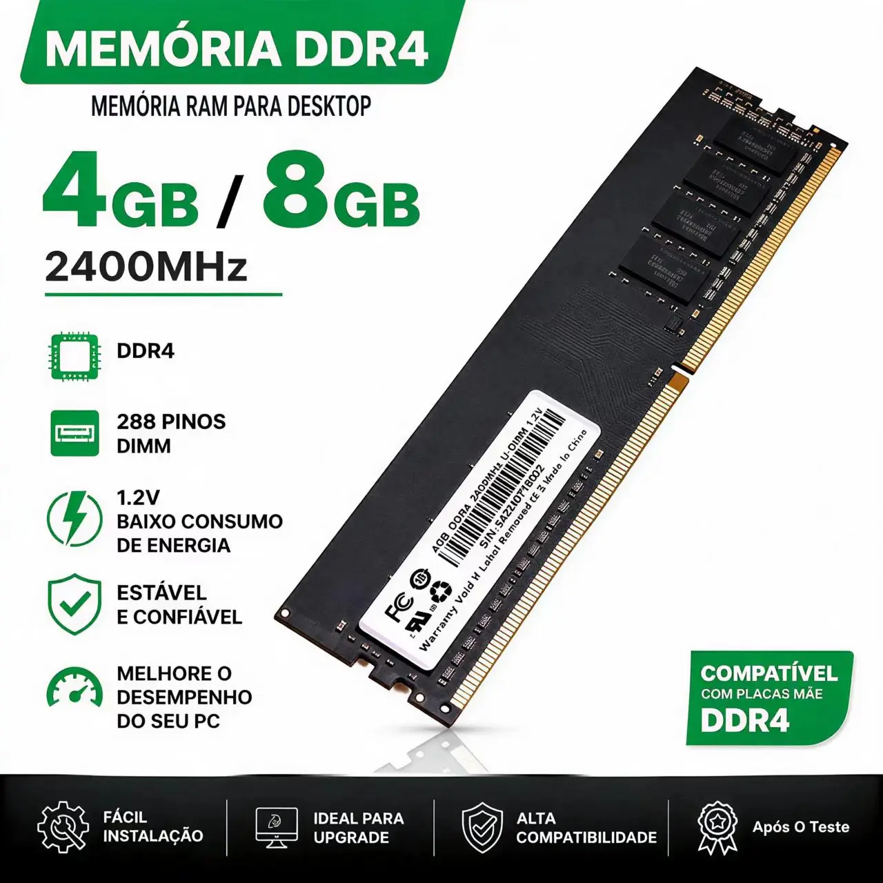 Memória RAM DDR4 4GB 8GB 2400MHz PC4-19200 Desktop 288Pin UDIMM 1.2V Upgrade de Memória PC Intel AMD