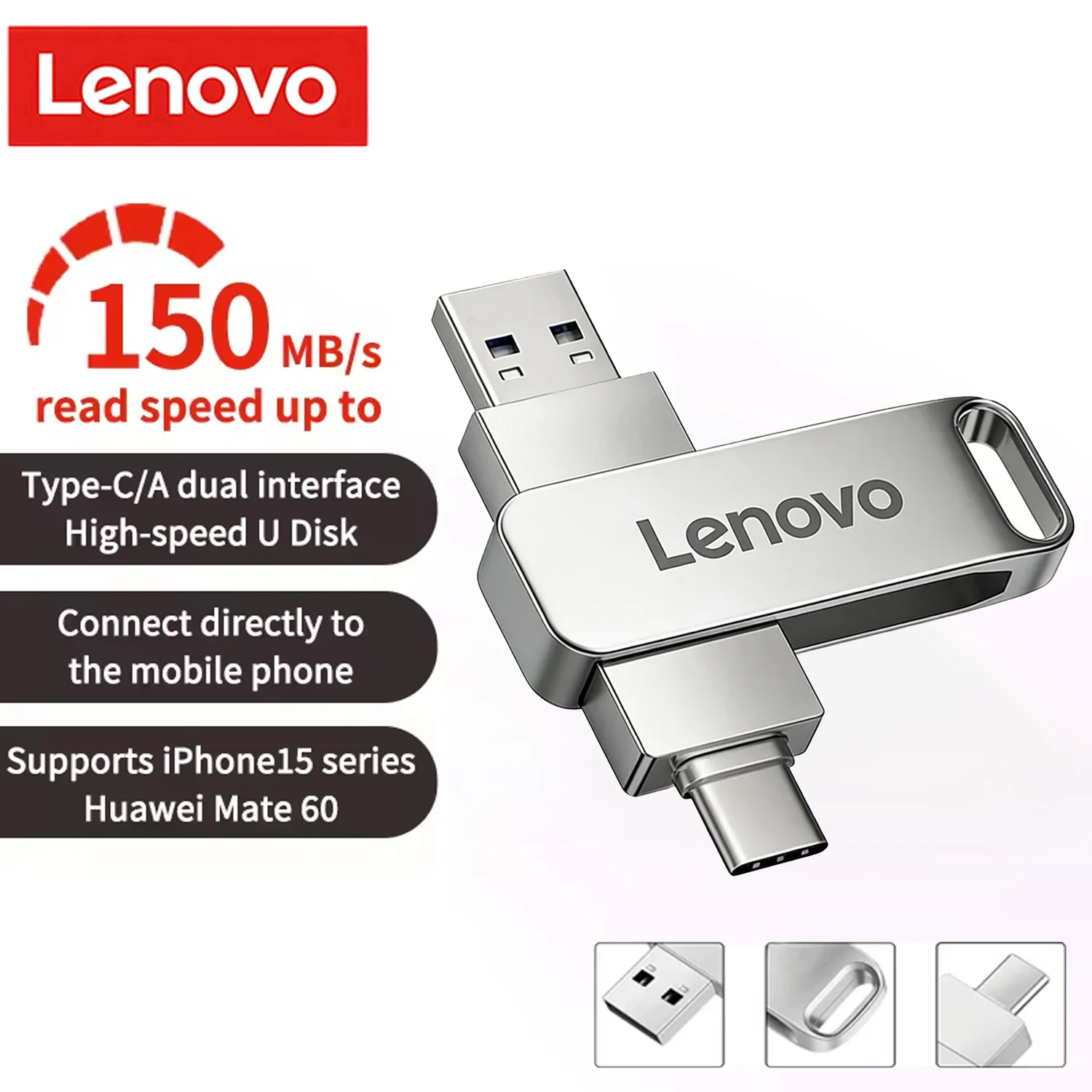 Pen drive Lenovo OTG de 1 TB, alta velocidade, USB 3.2, pen drive metálico tipo C, 512 GB, à prova d'água, para telemóvel e computador.
