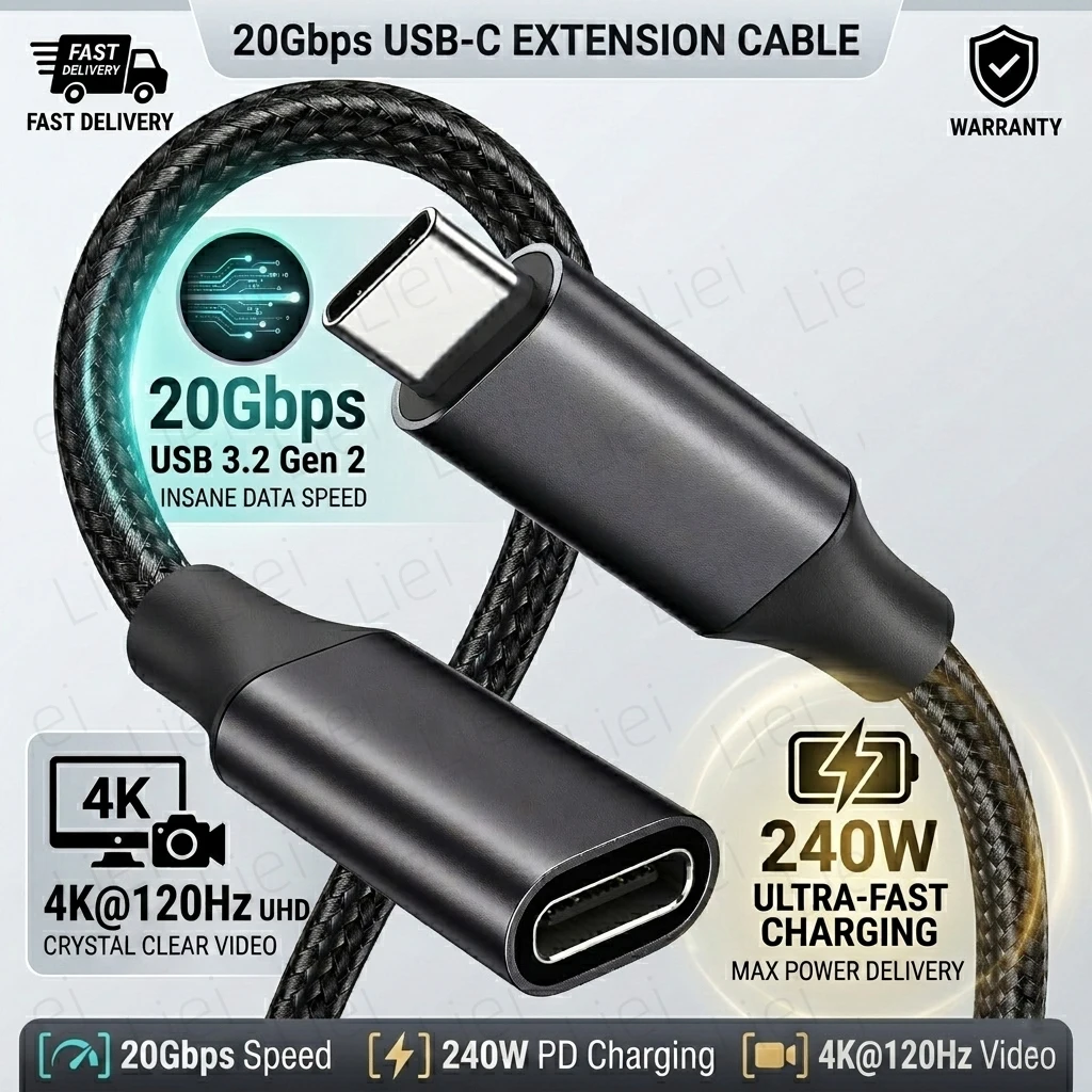 Cabo de Extensão USB C 20Gbps 240W USB3.2 4K@120Hz Tipo C Macho para Fêmea para Hub PS VR2 iPhone MacBook Switch