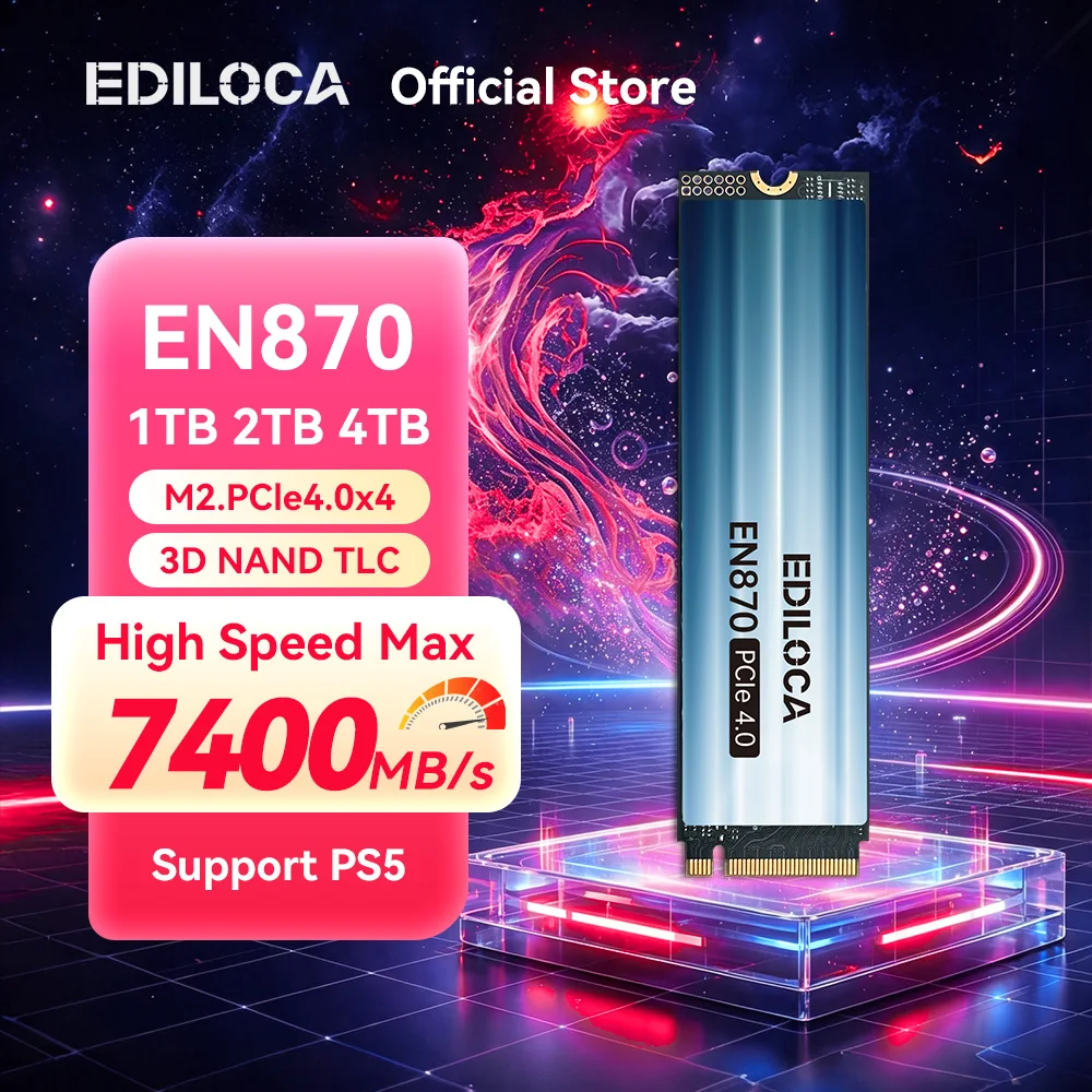Ediloca EN870 M.2 2280 SSD 7400MB/s NVMe PCIe Gen4.0x4 Unidade de Estado Sólido Interna PS5 com Cache SLC Dinâmico para PC Gamer e Laptop