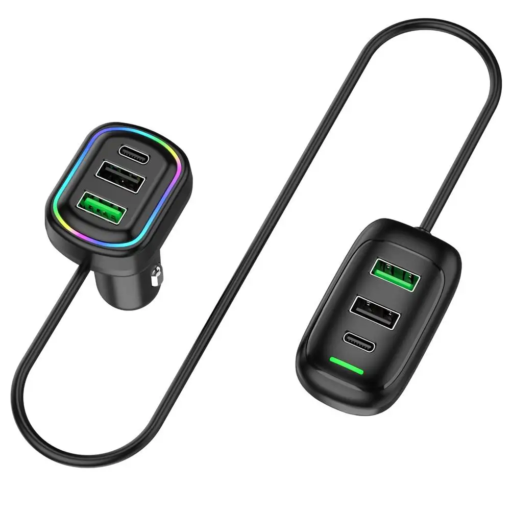 Carregador de carro de extensão frontal e traseira USB tipo C de 6 portas com luz RGB PD adaptador de alimentação de carregamento rápido para tablet Iphone