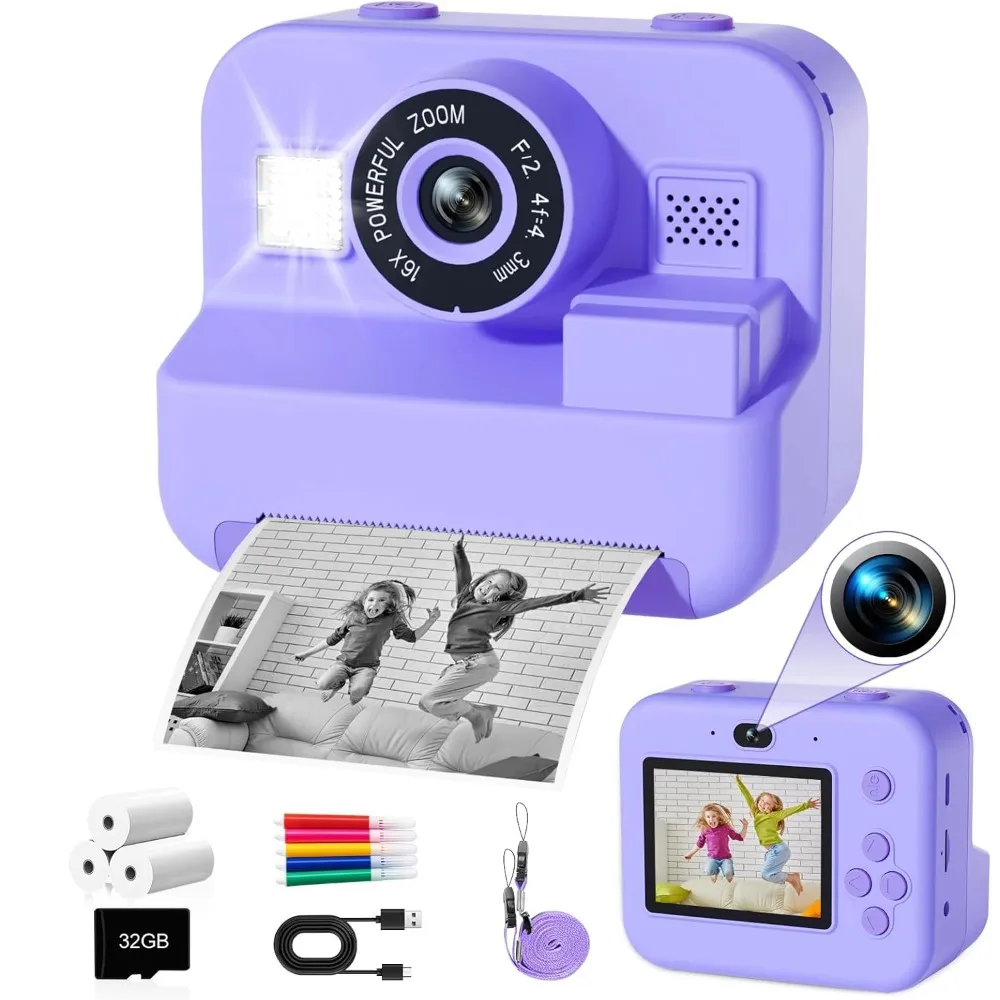 Câmera de impressão instantânea térmica educacional com cartão 32g, mini câmera de vídeo digital infantil 1080p para crianças aprendendo desenvolvimento