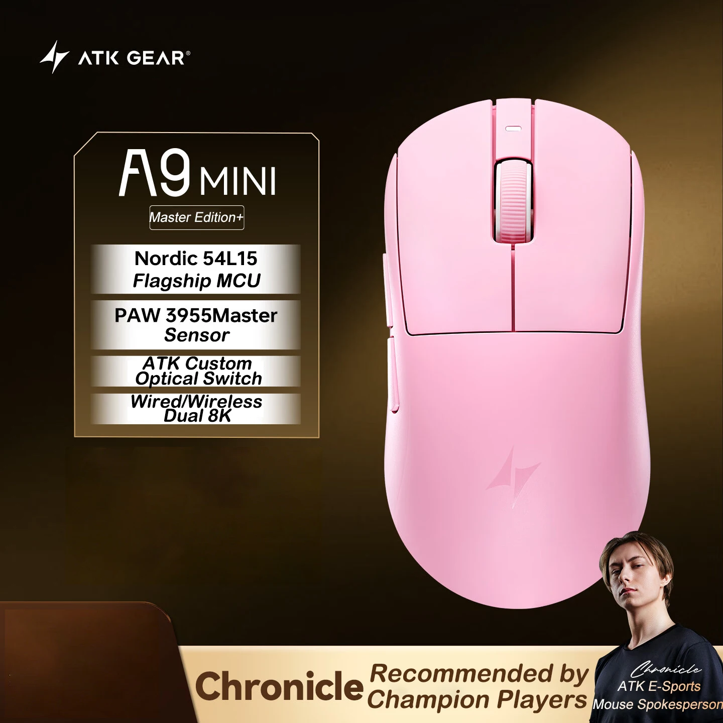 Mouse Gamer Sem Fio ATK A9 Mini Tri-Mode PAW3955 Master com Taxa de Polling Dupla de 8K, Leve, para E-sports, PC e Jogadores de FPS – Ótima Opção de Presente