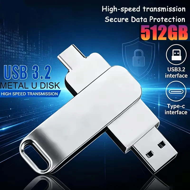 Pen Drive USB3.2 de 512GB OTG, Alta Velocidade, Tipo-C, Capacidade Real, Pendrive Metálico para Telefone e Computador