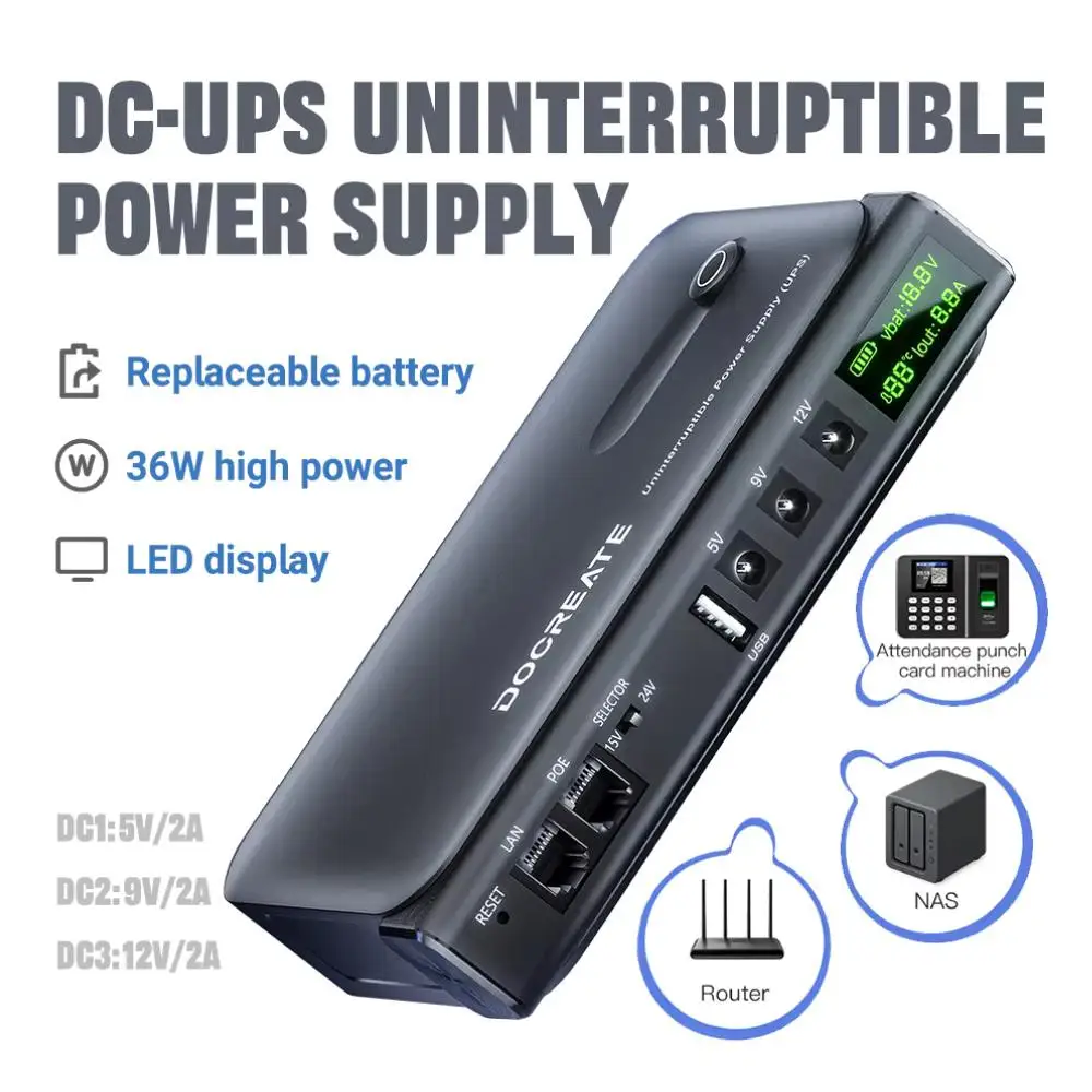Fonte de alimentação ininterrupta UPS 36W DC1036L 5V-24V Saída 18650 Bateria substituível para roteador Modem NAS e equipamentos de rede