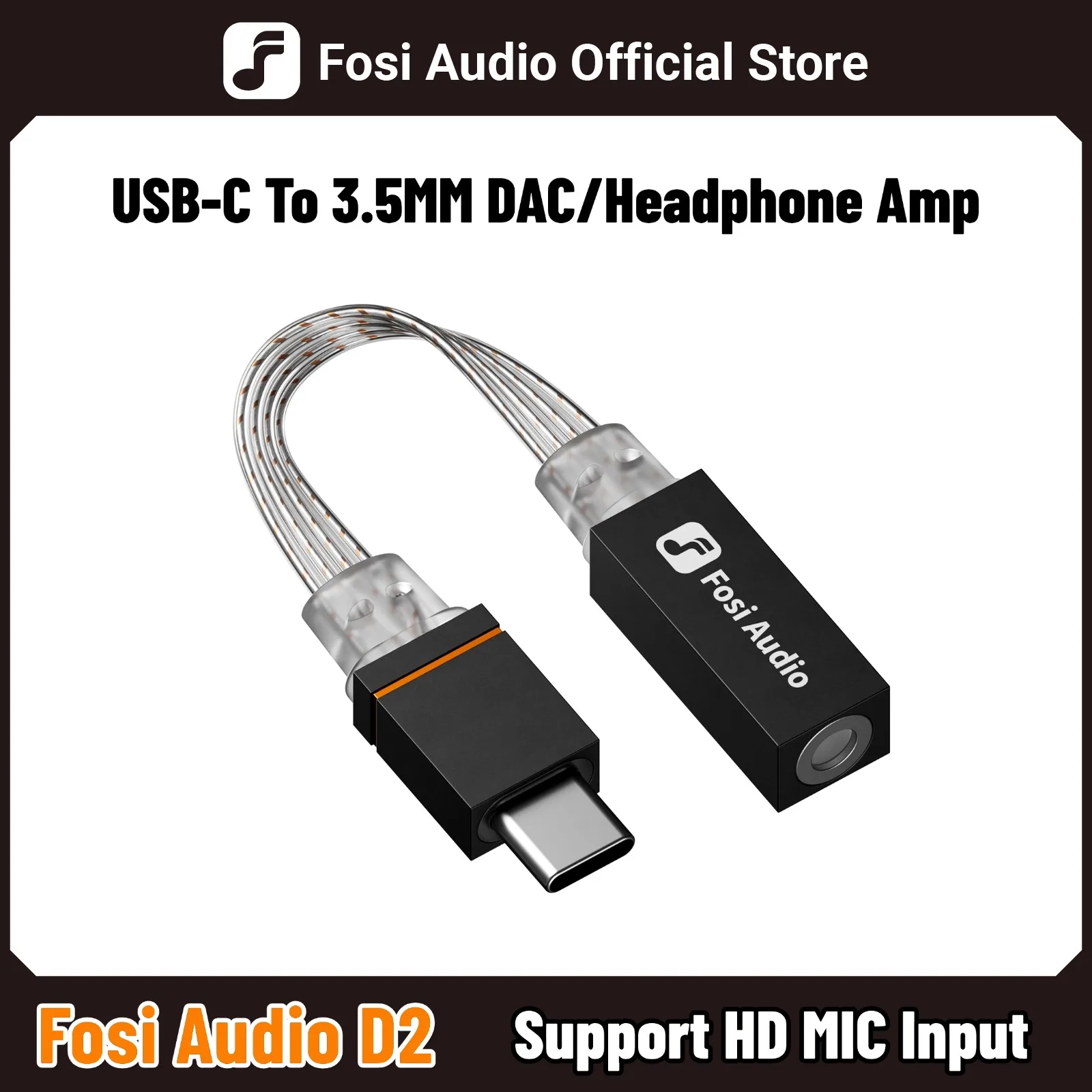 Amplificador de Fone de Ouvido Fosi Audio D2 USB DAC Adaptador de Alumínio USB-C para 3.5mm com Suporte para Entrada de Microfone Chip CX31993