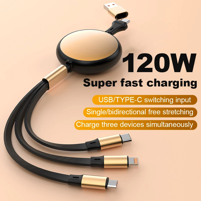 5A 120W 3 em 2 Cabo USB C Rápido para Huawei/Honor Retrátil Portátil Micro USB Tipo C Cabo Carregador Para iPhone Samsung