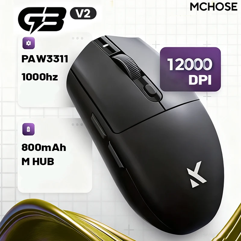 Mouse Gamer Sem Fio MCHOSE G3 V2 Pro Leve com Três Modos Bluetooth PAW3395 de Alta Performance 800mAh para Jogos e Escritório 59g