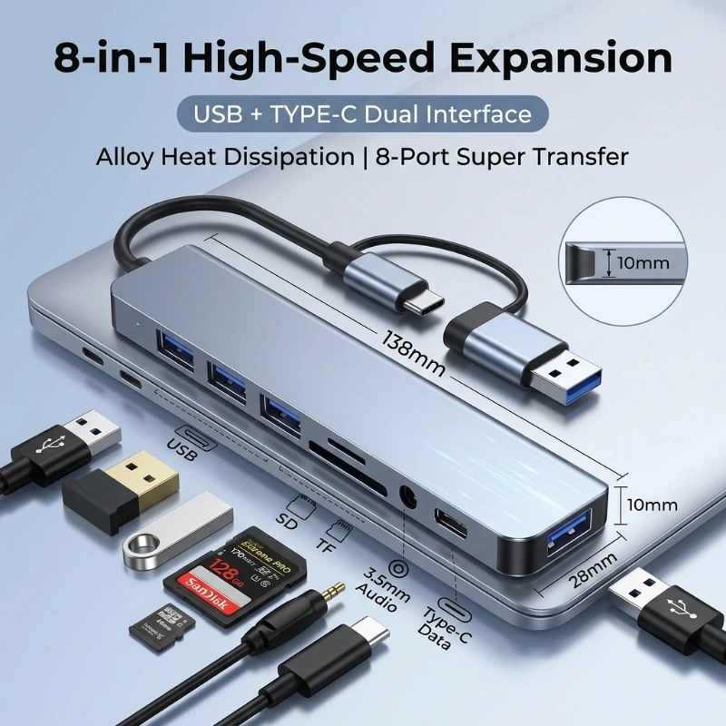 Hub USB-C 8 em 1, adaptador multiportas, divisor tipo C, dock com 3 portas USB para Xiaomi, telefone, tablet, transferência rápida de dados e carregamento.