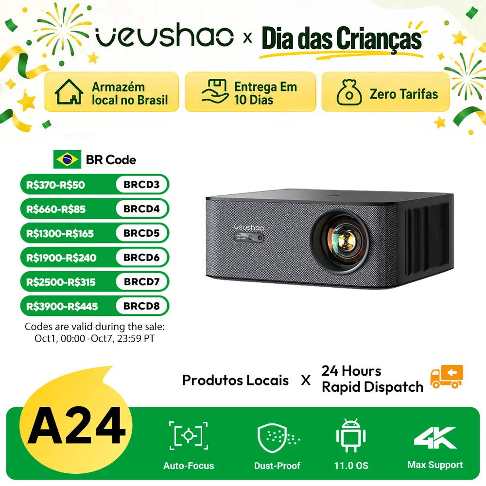 Projetor VEVSHAO A24 Max 1080P 4K Licenciado Oficialmente Google Android TV ATV Projetor de Cinema em Casa para Filmes e Jogos com Wifi