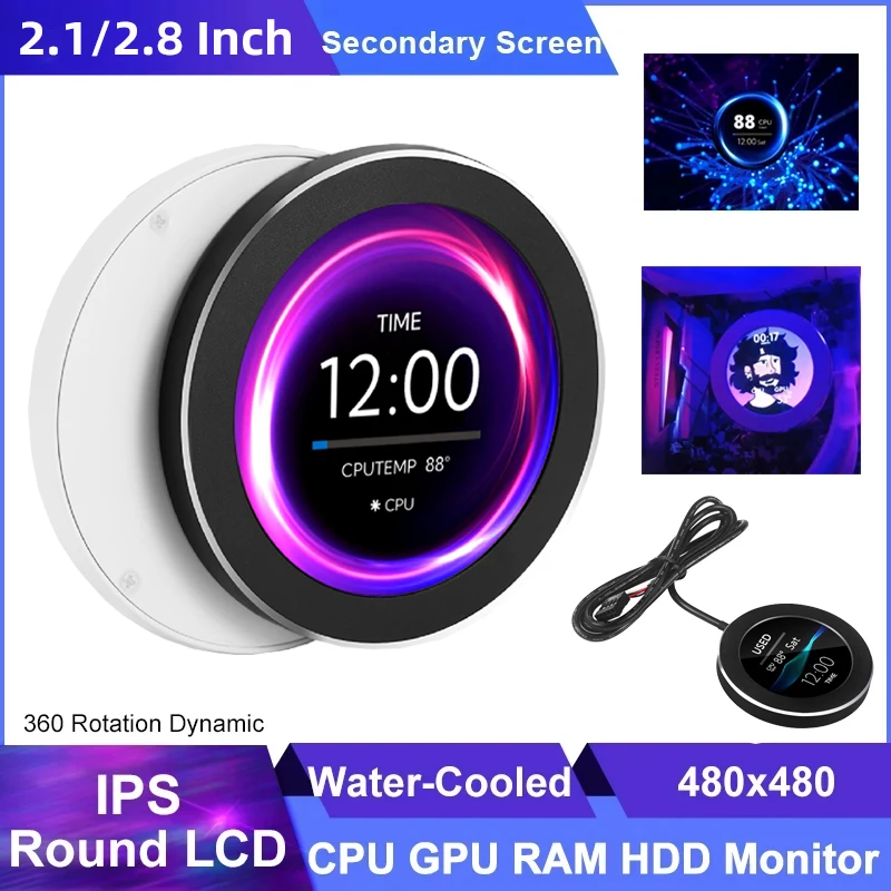 2.1 2.8 Polegada tela secundária ips 480x480 usb refrigerado a água redonda lcd cpu gpu ram hdd monitoramento sem aida64 mini pc gamer display
