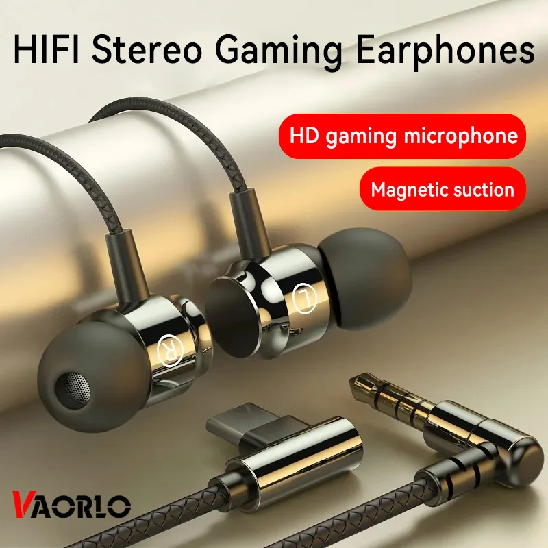 Fones de ouvido com fio magnético de metal com conector L/TYPE-C de 3,5 mm para música de DJ estéreo de alta fidelidade Fones de ouvido com fio para jogos com cancelamento de ruído e microfone HD para smartphones de co