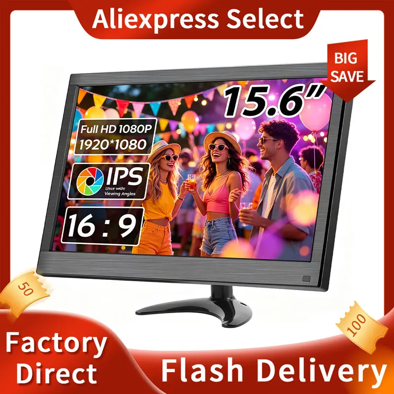 Monitor de PC de 15,6 polegadas com tela LED FHD IPS, monitor de mesa com portas HDMI/VGA/BNC/AV/USB/AV, alto-falantes embutidos, para CCTV.