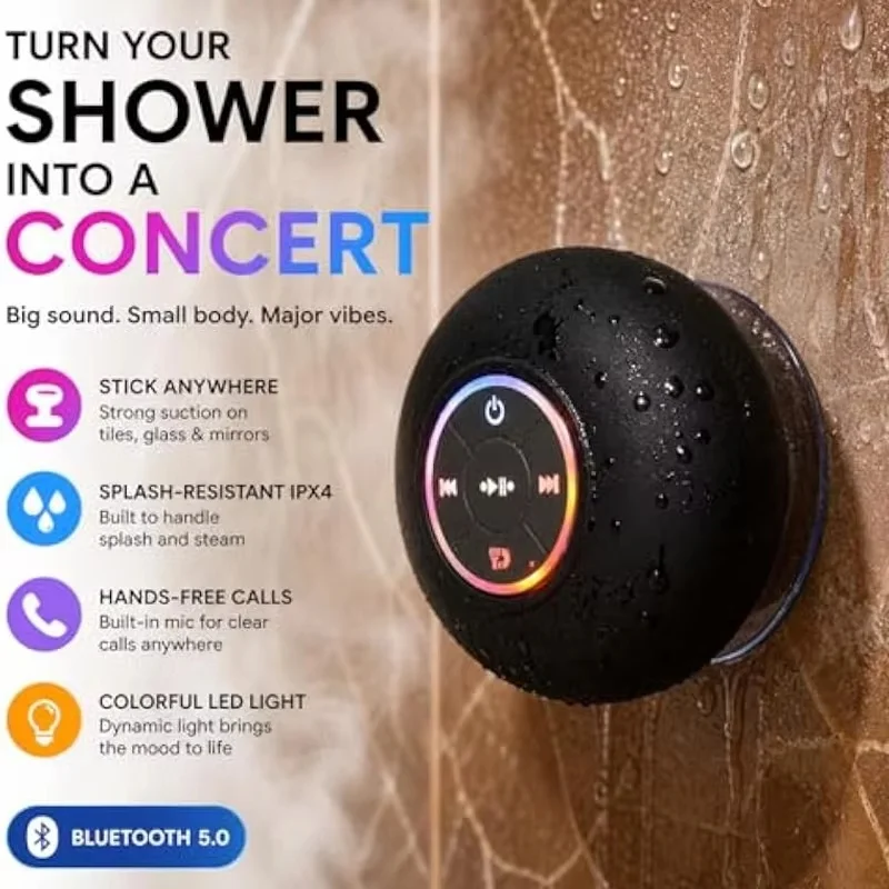 Caixa de Som Bluetooth IPX4 à Prova d'Água com Luz LED para Banheiro e Uso Externo, com Ventosa para Fixação em Parede, Mini Caixa de Som Estéreo IPX4 Caixa de Som Bluetooth IPX4 à Prova d'Água com Luz LED para Banheiro e Uso Externo, com Ventosa para Fixação em Parede, Mini Caixa de Som Estéreo IPX4