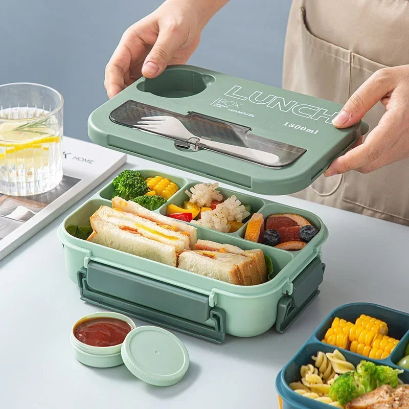 Compartimento 1300ml lancheira portátil crianças estudantes escritório bento caixa com garfo e colher recipiente de armazenamento de alimentos de microondas