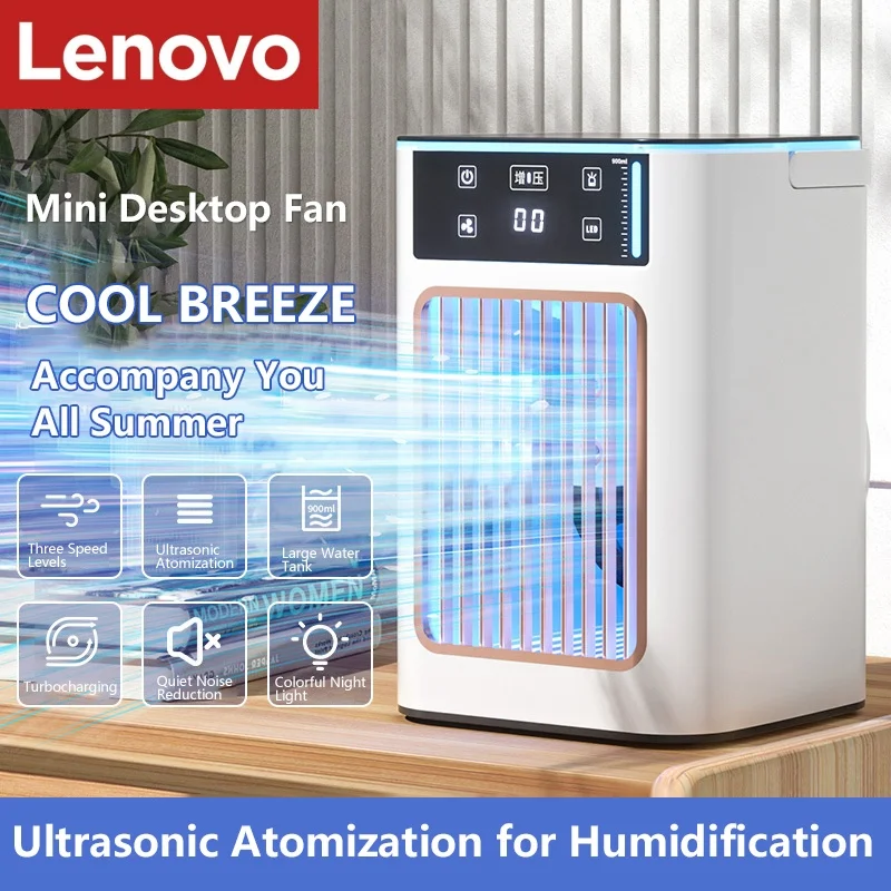 Ventilador de Mesa Portátil Lenovo USB com Resfriador de Ar e Umidificador, Tanque de Água com Spray Duplo e Caixa de Gelo para Quarto e Casa
