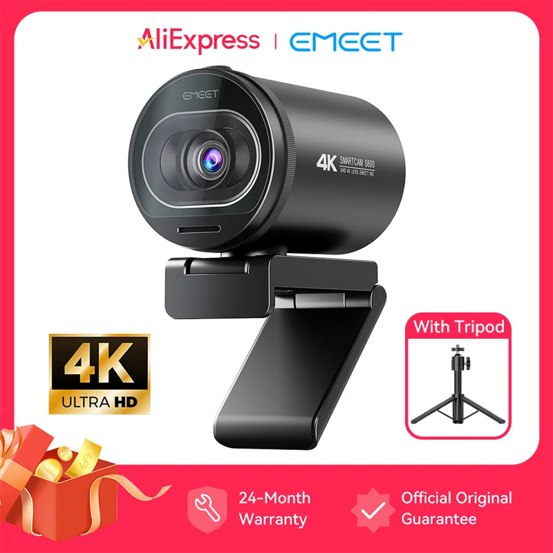 Webcam 4K EMEET S600 SmartCam com Tripé, Câmera USB para Computador/Laptop, Autofoco, Sensor Sony, 60FPS@1080P, Câmera de Streaming