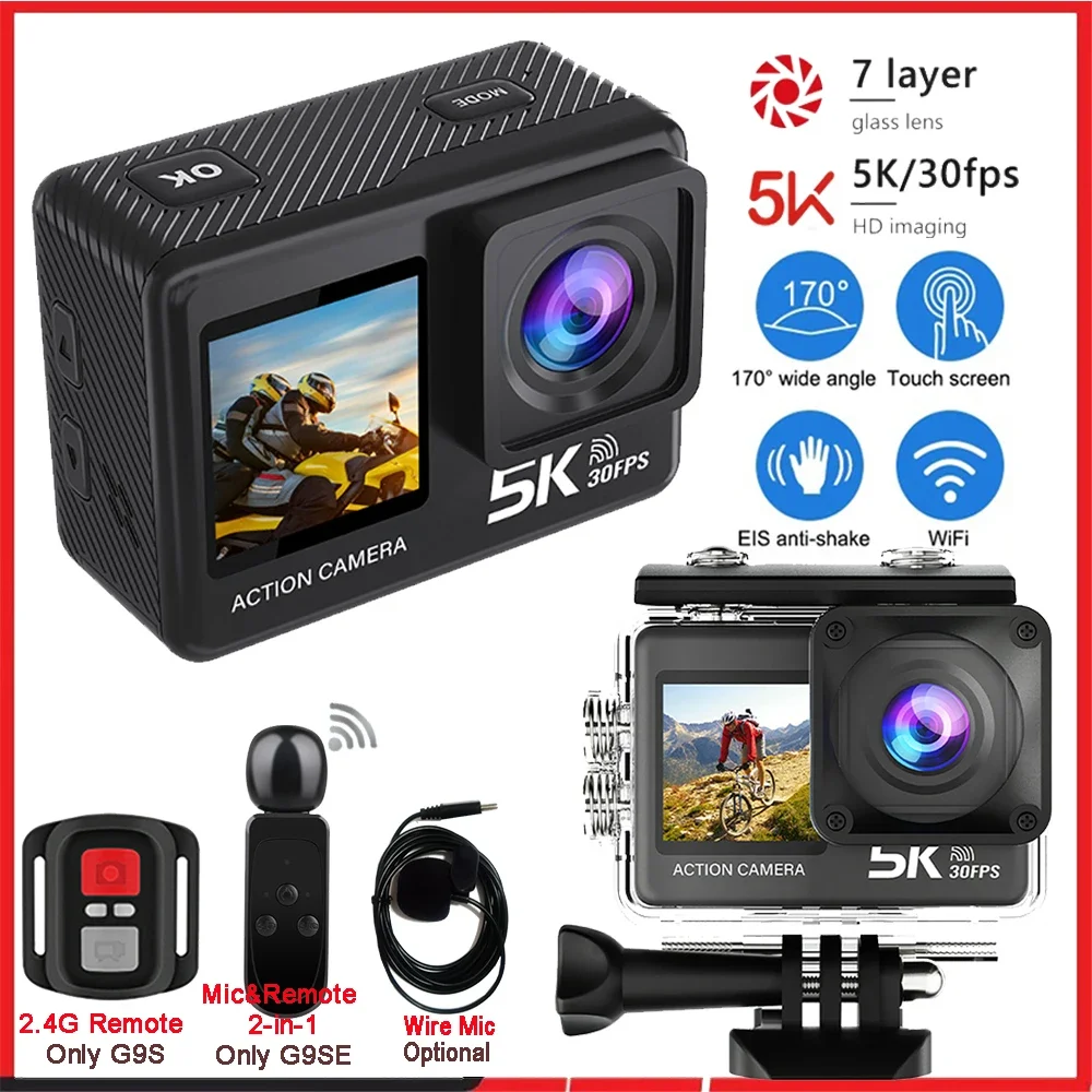 Câmera de Ação 5K 4K60FPS 50MP 2.0 Touch EIS Pré-Gravação Microfone Sem Fio Wi-Fi 170D DVR Webcam À Prova D'Água 30M 5X Zoom Câmera Esportiva