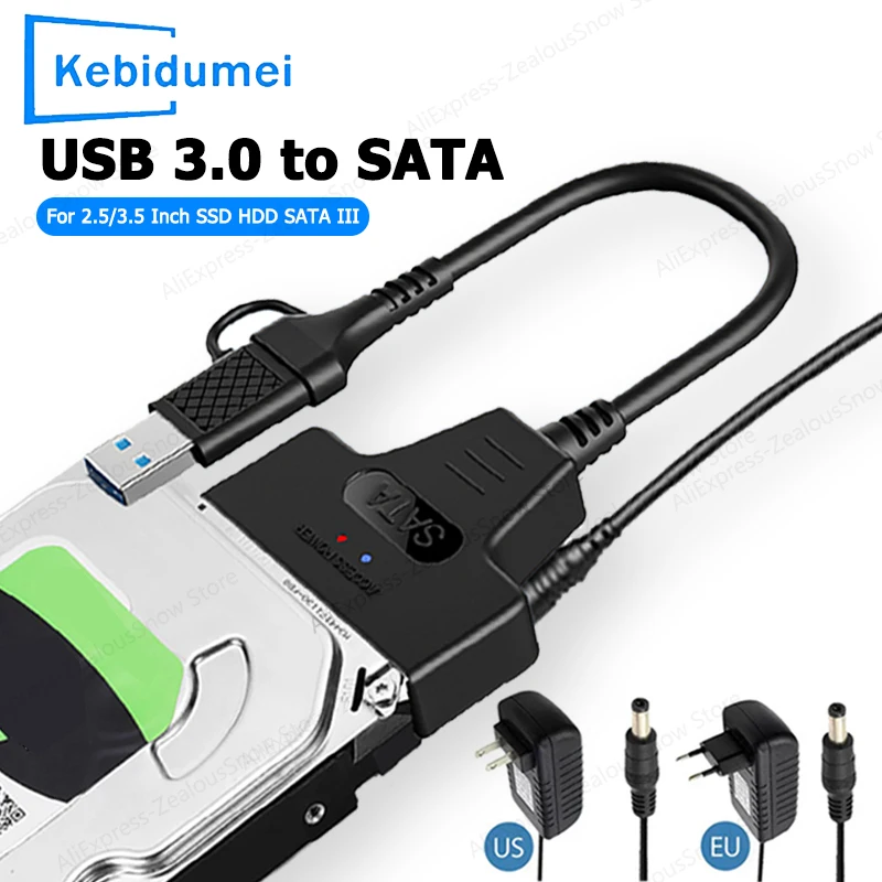 Cabo SATA para USB 3.0/Tipo C Adaptador de disco rígido SATA III de até 6 Gbps para disco rígido HDD SSD de 2,5 3,5 polegadas com alimentação de 12V / 2A