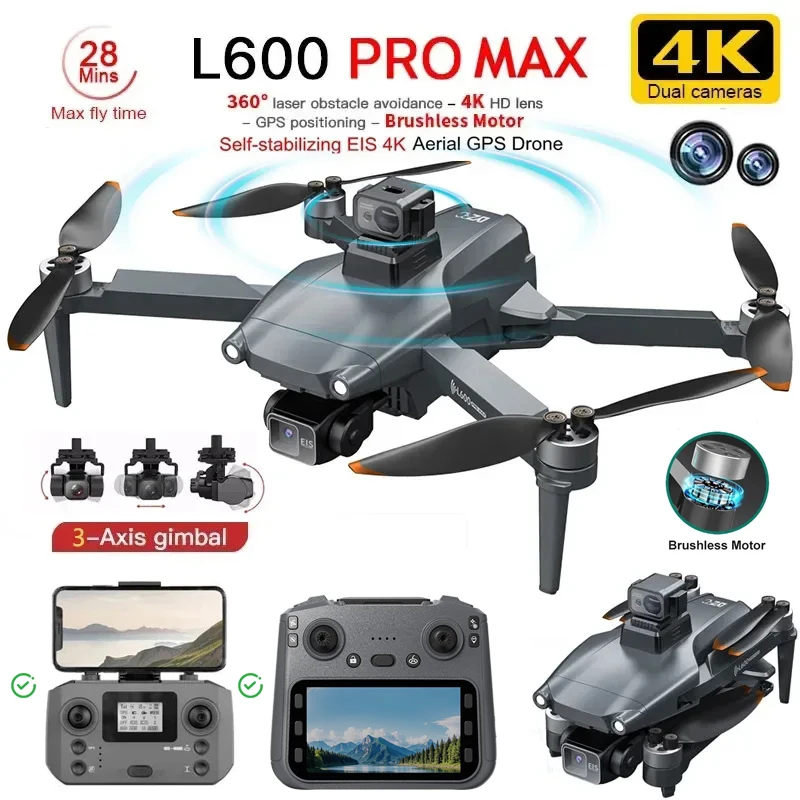 Novo l600 pro max 4k drone profissional com câmera 8k hd 3 eixos cardan gps dron evitar obstáculos 5g wifi fpv rc quadcopter brinquedo