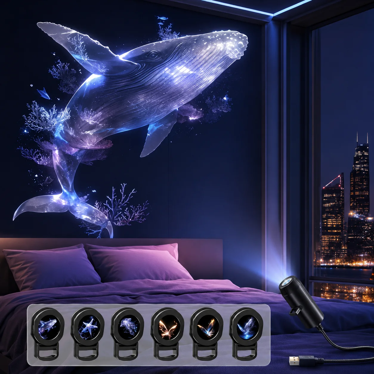Lâmpada Projetora LED USB 3W 6W, Luz Noturna de Céu Estrelado, Projetor com Padrões de Baleia, Borboleta, Água-Viva e Estrela do Mar, Presente para Decoração de Quarto