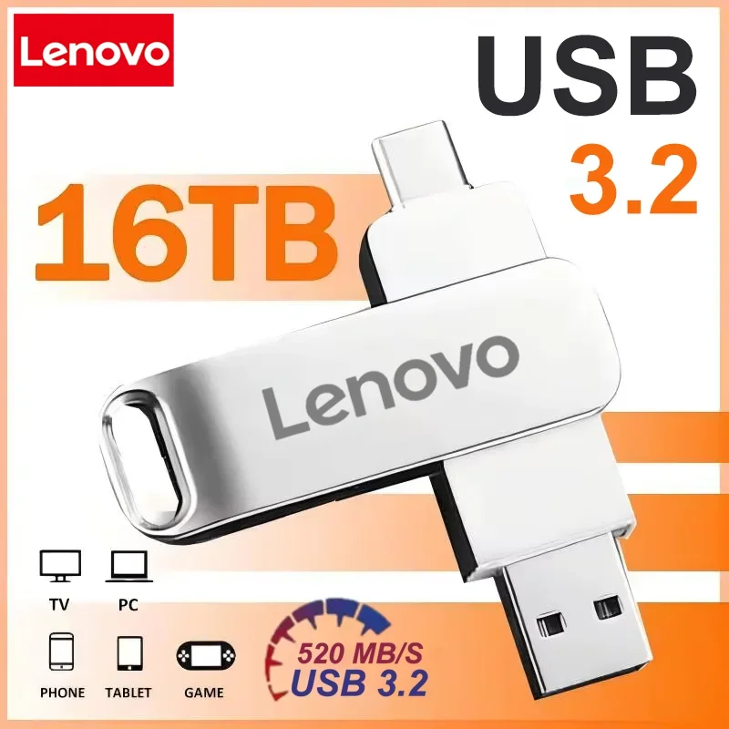 Pen Drive USB3.2 Lenovo 16TB OTG de Alta Velocidade Tipo-C com Capacidade Real em Metal para Telefone e Computador