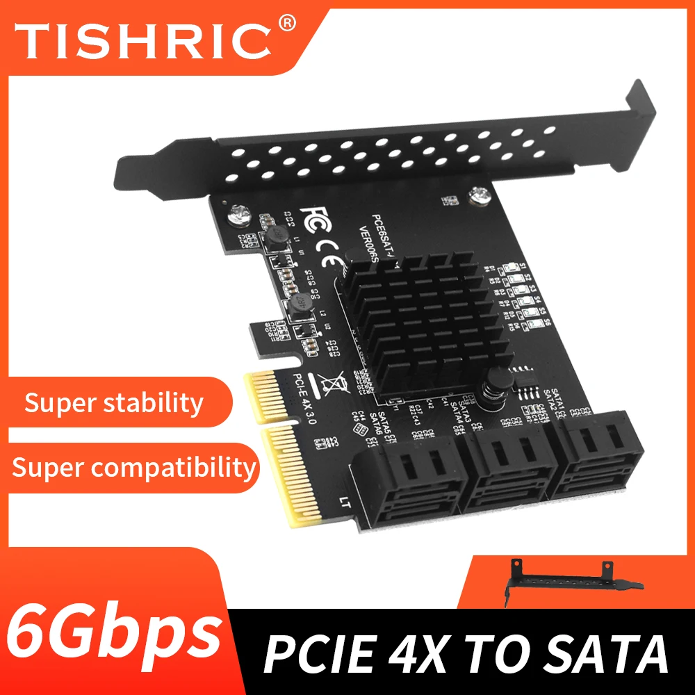 TISHRIC PCIE 4X para 6 portas SATA 3.0 6 Gbps Placa de expansão Pcie Splitter Controlador PCI-Express 4x 8x 16x Cartão adicional para HDD SSD