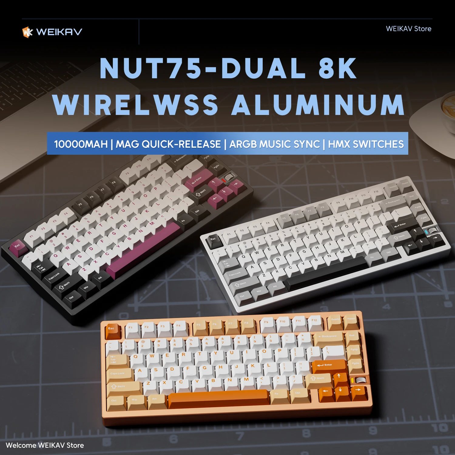 Kit de Teclado Mecânico Sem Fio WEIKAV NUT75 em Alumínio 75% Bluetooth 2.4G 10000mAh 8000Hz RGB Hotswap para Gamers
