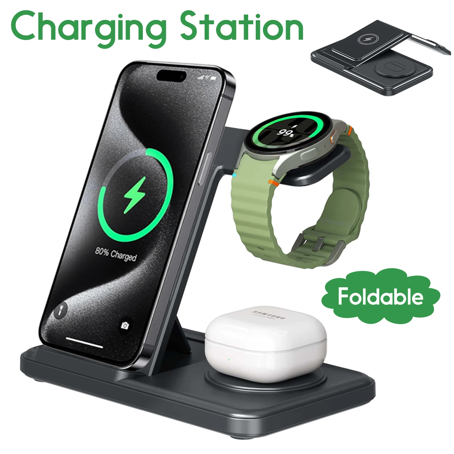 Estação de carregamento sem fio 3 em 1 para computador, compatível com Samsung S26, S25, S24 Ultra, Galaxy Watch 8, 7, 6, 5, 4, 3, Buds3 Pro/Buds Pro2, com carregamento rápido.