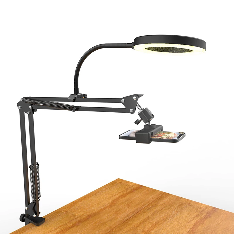 Tripé suspenso para telefone com anel de luz, suporte para celular de mesa para mesa de gravação de vídeo, montagem móvel para gravação de filmagem