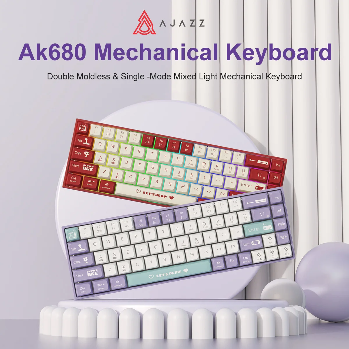Teclado Mecânico AJAZZ AK680 com Teclas ABS, 68 Teclas, Conexão com Fio e Sem Fio, Teclado Gamer Bluetooth, Hot Swap, Gasket Personalizado para PC e Laptop