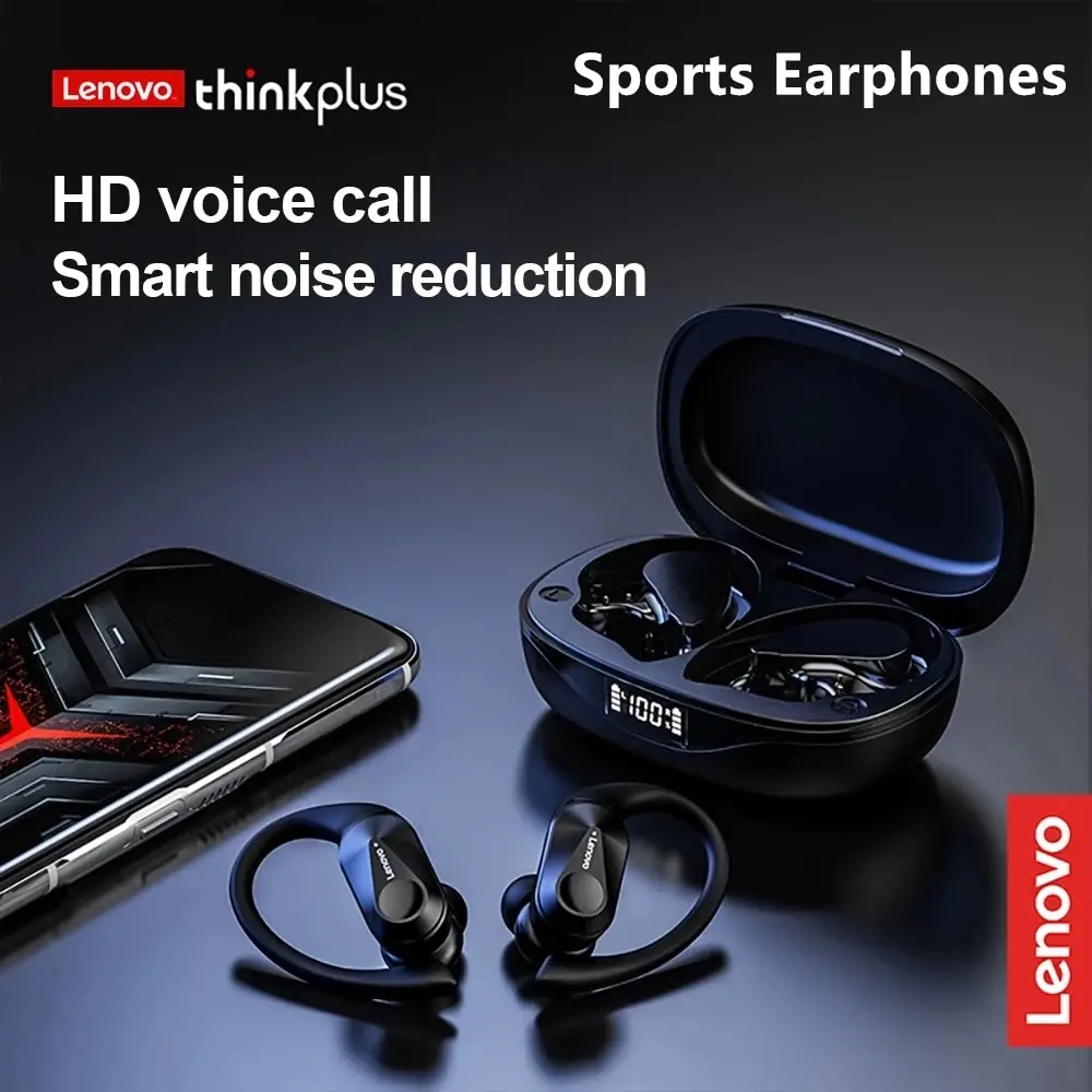 Lenovo-Fones de Ouvido Esportivos Sem Fio com Microfone, Controle de Botão, Display LED Power, Som Stereo Hifi, Bluetooth 5.3 TWS Headphones, LP75