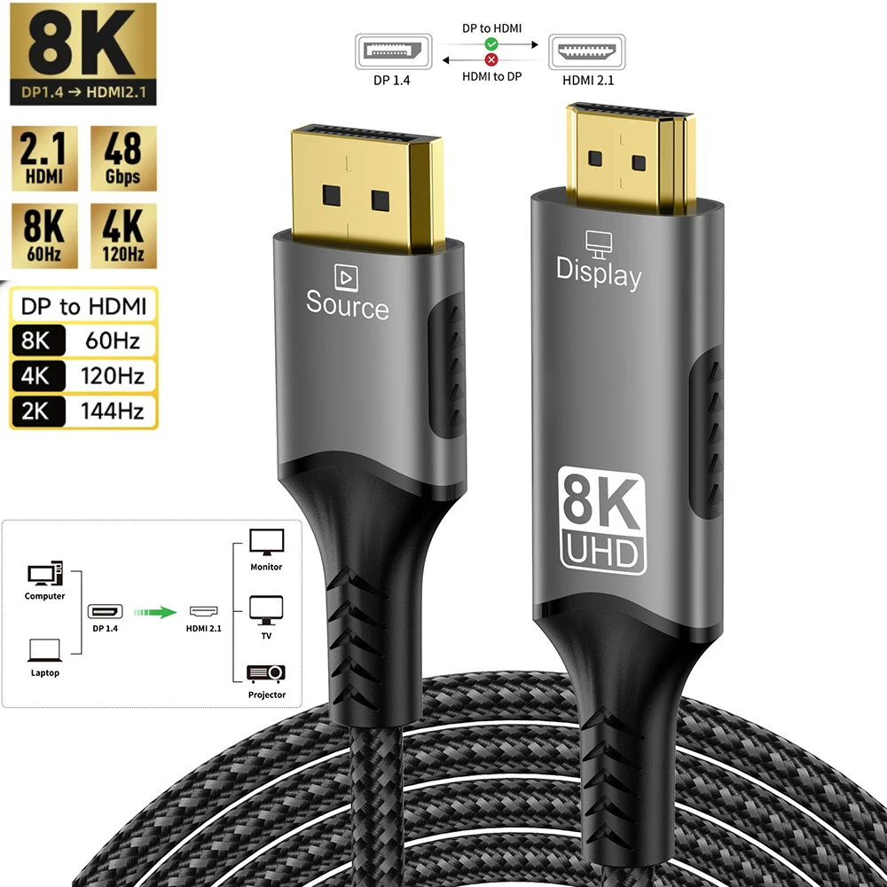 Cabo Compatível DisplayPort para HDMI 8K@60Hz 4K@120Hz Adaptador DP para HDMI Vídeo e Áudio para PC HDTV Projetor Xbox Cabo Compatível DisplayPort para HDMI 8K@60Hz 4K@120Hz Adaptador DP para HDMI Vídeo e Áudio para PC HDTV Projetor Xbox