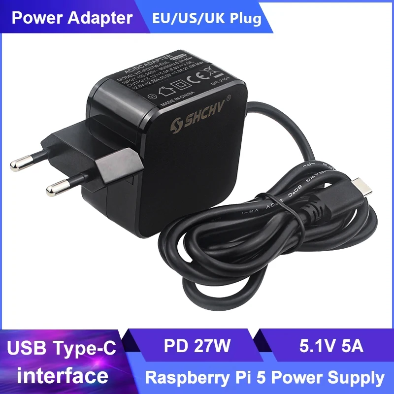 Adaptador de Energia 5.1V 5A para Raspberry Pi 5, Fonte de Alimentação USB Tipo-C PD 27W, Carregador com Plugue EU, US, UK para RPI 5 Pi5 Adaptador de Energia 5.1V 5A para Raspberry Pi 5, Fonte de Alimentação USB Tipo-C PD 27W, Carregador com Plugue EU, US, UK para RPI 5 Pi5