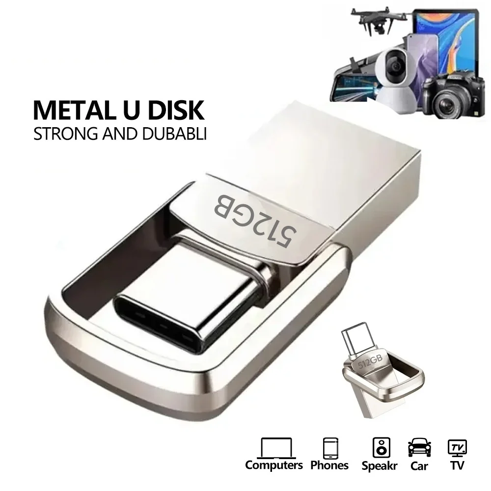 Mini Pen Drive USB3.2 Rápido Tipo C 256GB OTG, Pen Drive USB de Alta Velocidade 512GB para Computadores e Telefones