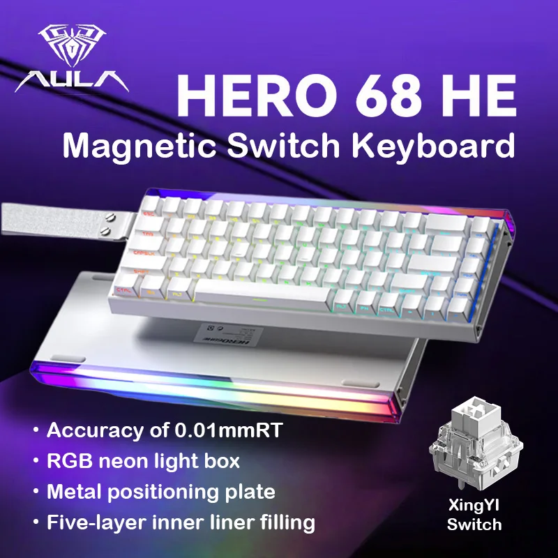 Teclado Mecânico Gamer AULA HERO 68 HE com Eixo Magnético RT, Iluminação RGB com Fio, Taxa de Polling de 8K e Gravação Lateral