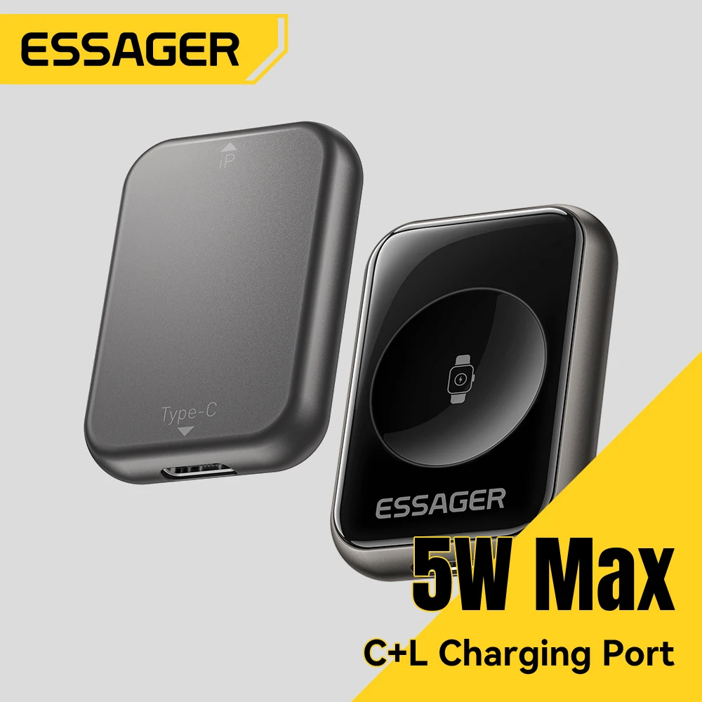 Carregador Magnético Sem Fio Portátil Essager 5W para Apple Watch S2-S11, Série SE, Série Ultra, Tipo-C/Lighting