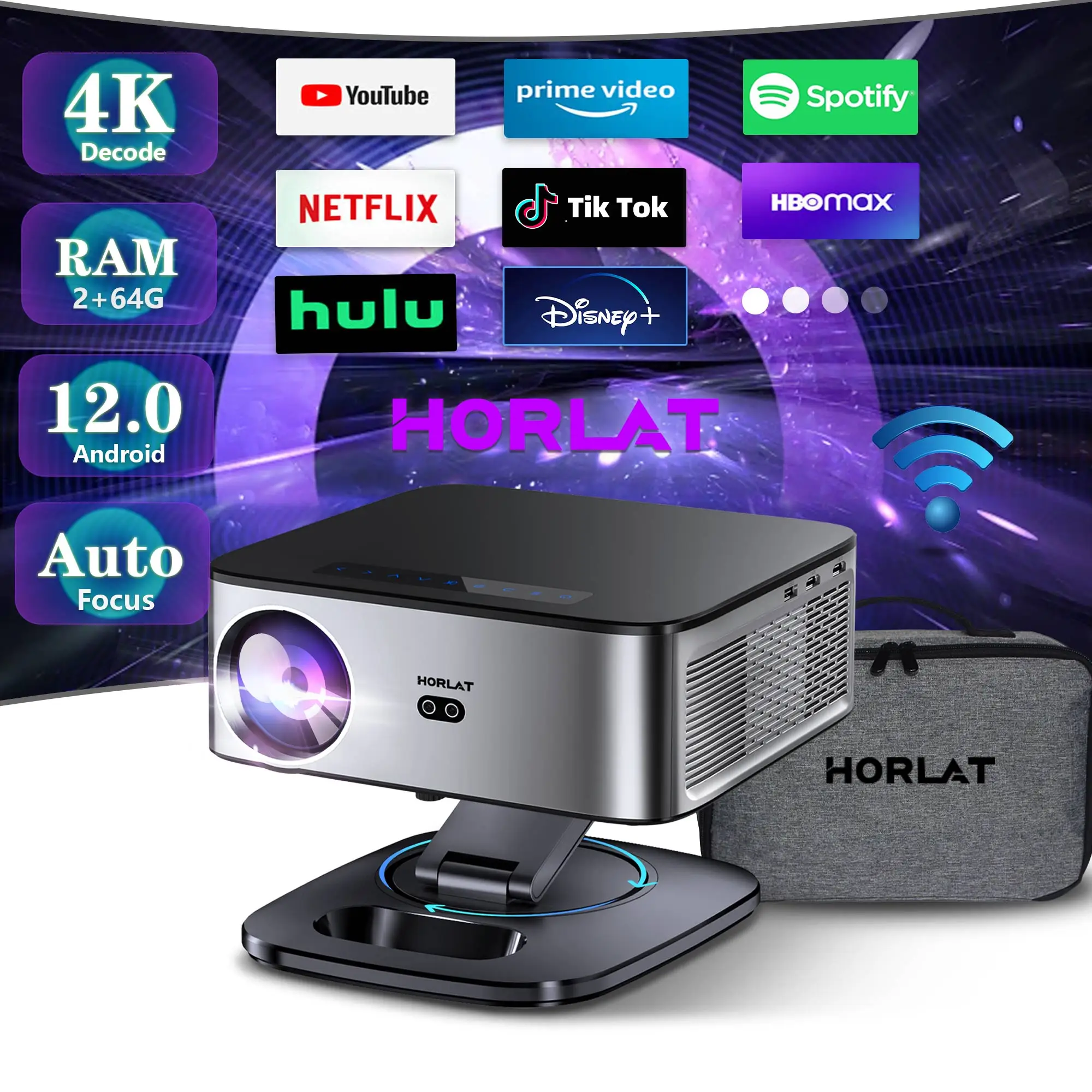 Projetor HORLAT 4K Android 35000 Lumens, Decodificação 8K, Beamer de Vídeo e Áudio para Home Theater, Foco Automático, Keystone, WiFi 5G, Projetor Portátil
