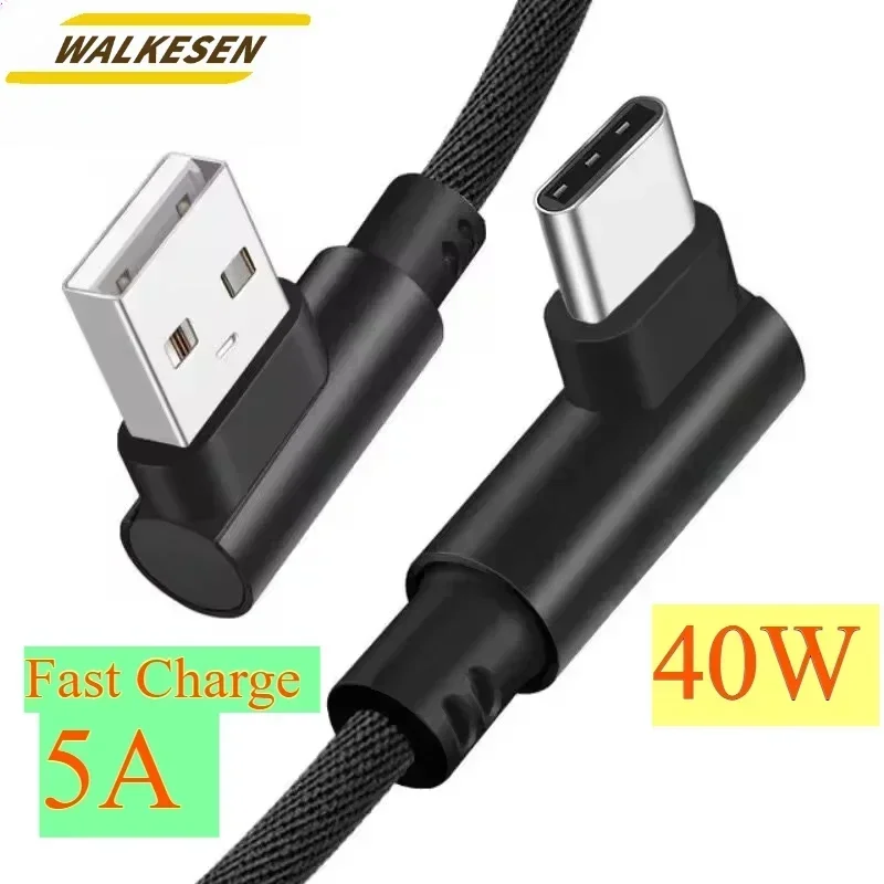 Cabo de Dados USB para Tipo C de Carregamento Rápido 40W 5A com Conector de 90 Graus para iPhone Xiaomi Redmi Huawei