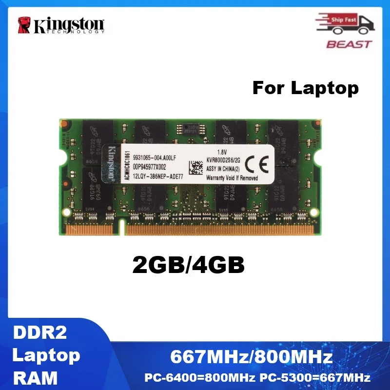 Memória RAM Kingston DDR2 SODIMM para Laptop 4GB 2GB 667Mhz PC2-5300S 800MHz PC2-6400S Notebook Não ECC Não Bufferizada 1.8V